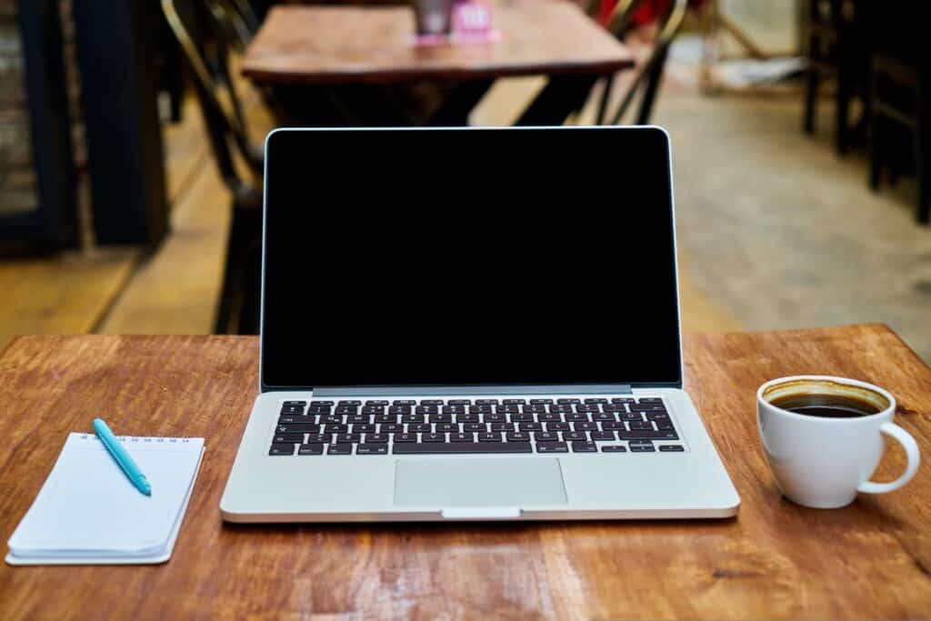 freelance laptop with coffee, caffeine, beverage